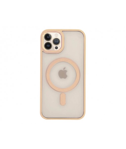 Husa iPhone 13 Pro, Premium MagSafe, Butoane Metalice, Spate Transparent, Rama Roz